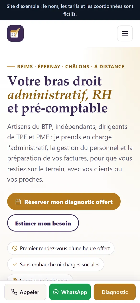 Phone view of the admin assistant concept site